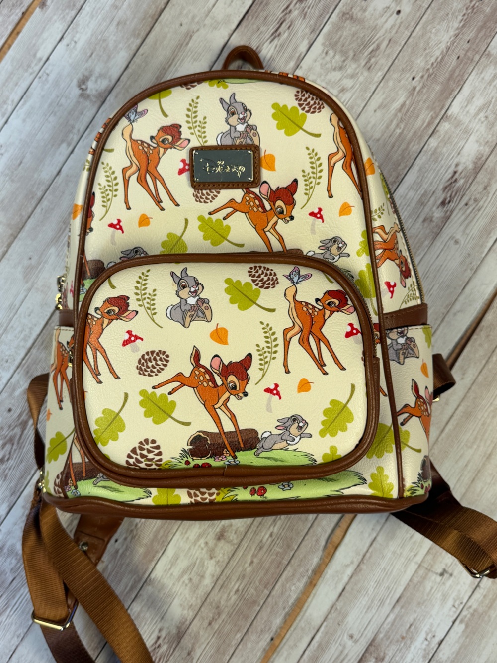 Loungefly Cream Bambi & Thumper Print Backpack with Brown Trim